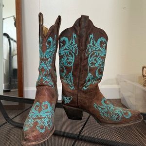 Corral Cowboy Boots — Brown and Turquoise, Floral Embroidery